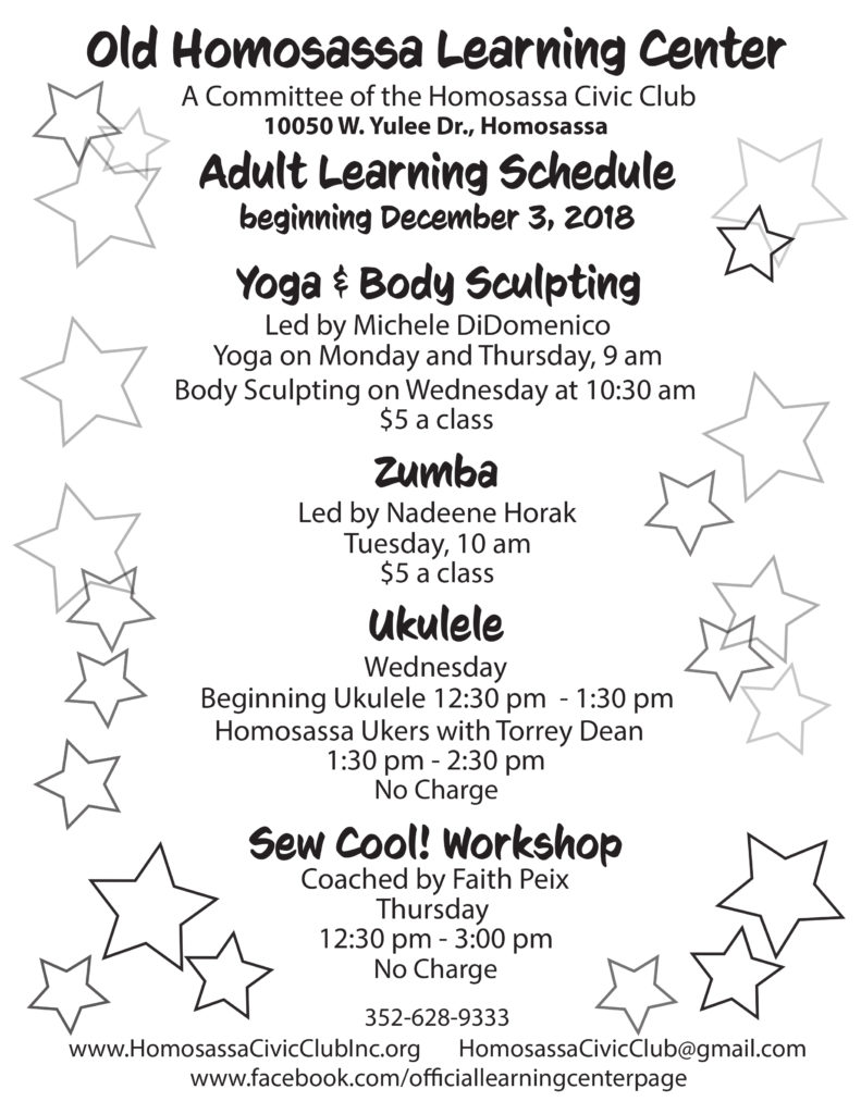 Adult Learning Schedule at the Old Homosassa Learning Center